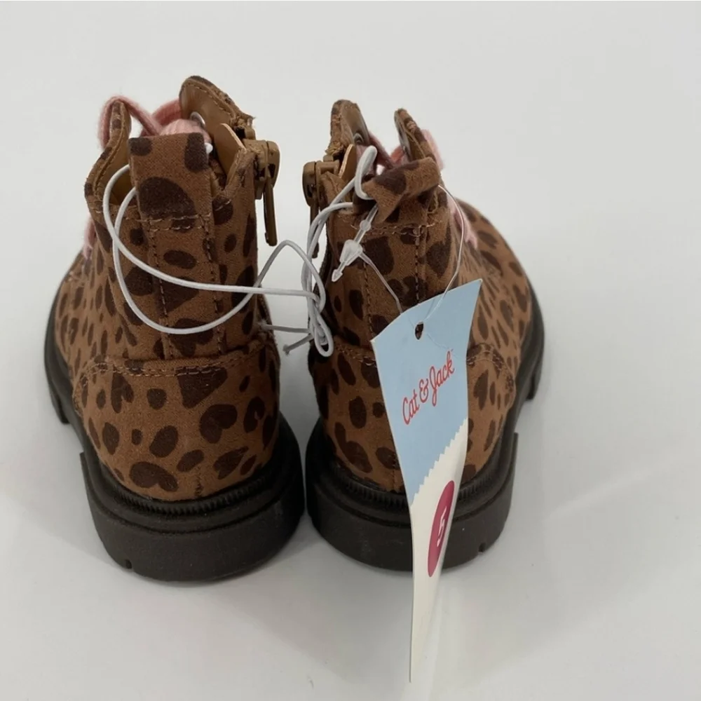 Cat & Jack Amaya Leopard Heart Print Combat Boots Pink Laces Toddler Sz 5
